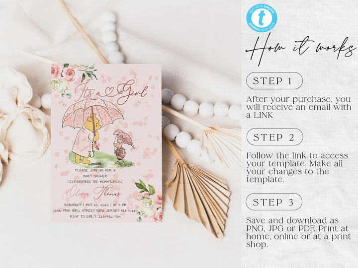 Baby shower invitation card with floral design and text, surrounded by decorative elements on a light background.